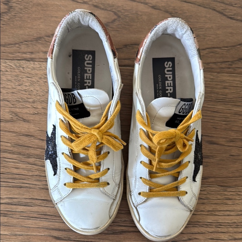Golden Goose White Sneakers with Mustard Laces